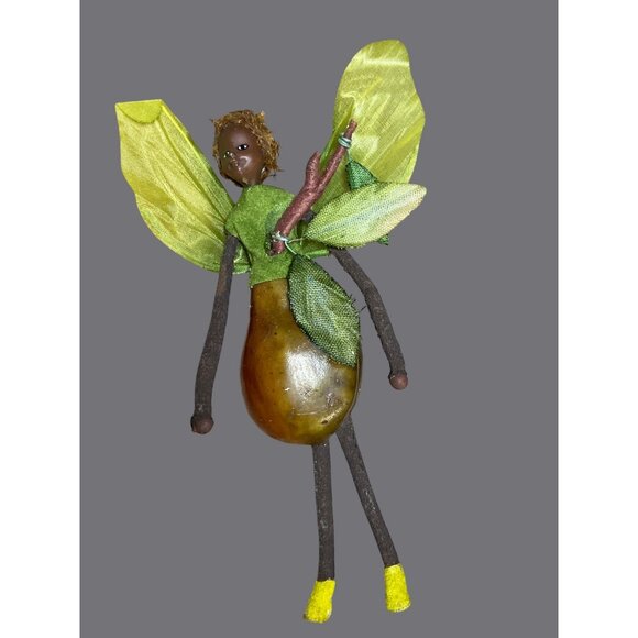 Pear-Themed Fairy Figurine With Fabric Leaves & Stick Accessory Ornament - Picture 1 of 12